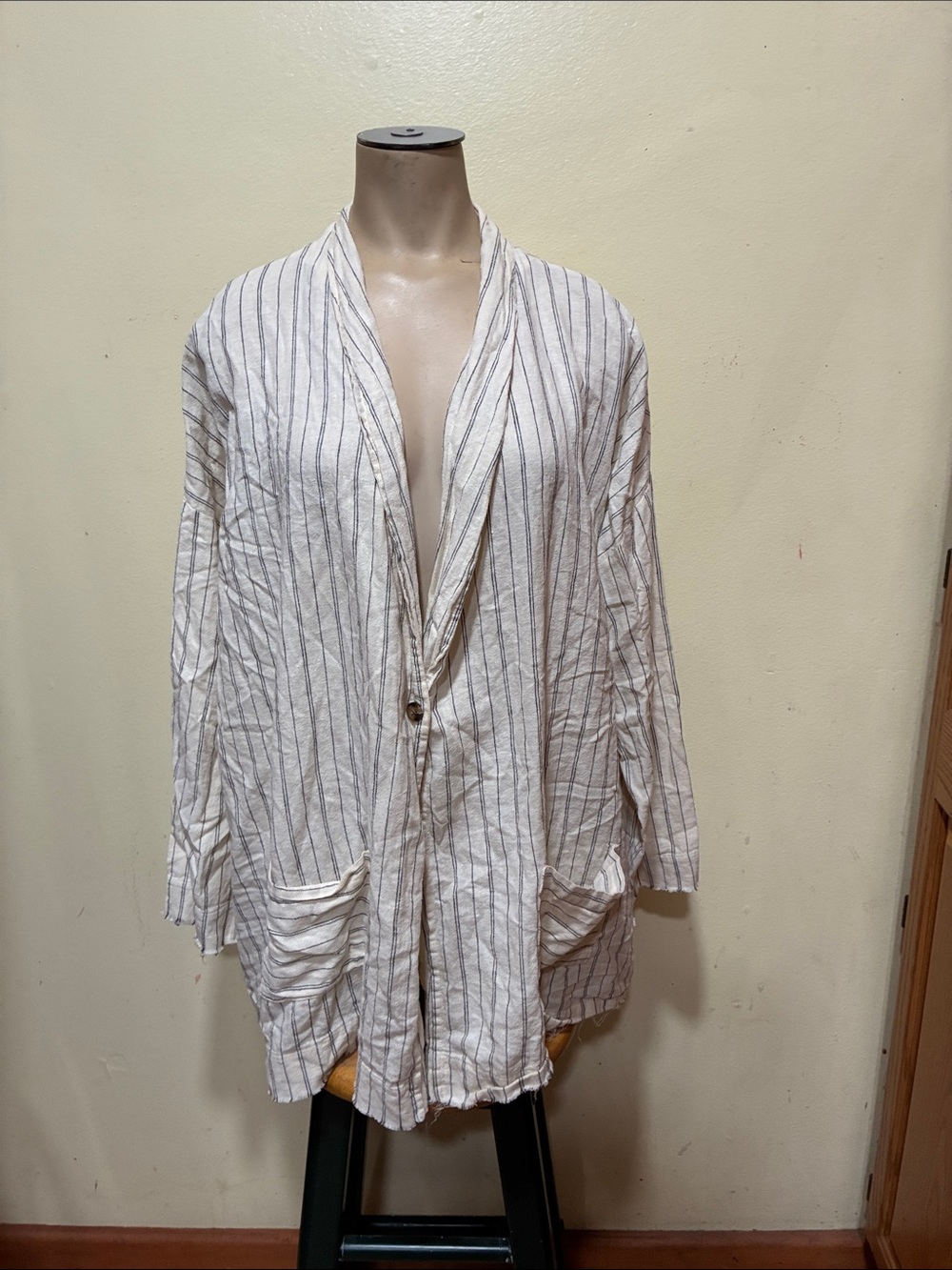 Hackwith Design House Cream Shirt Jacket with Black Pinstripes